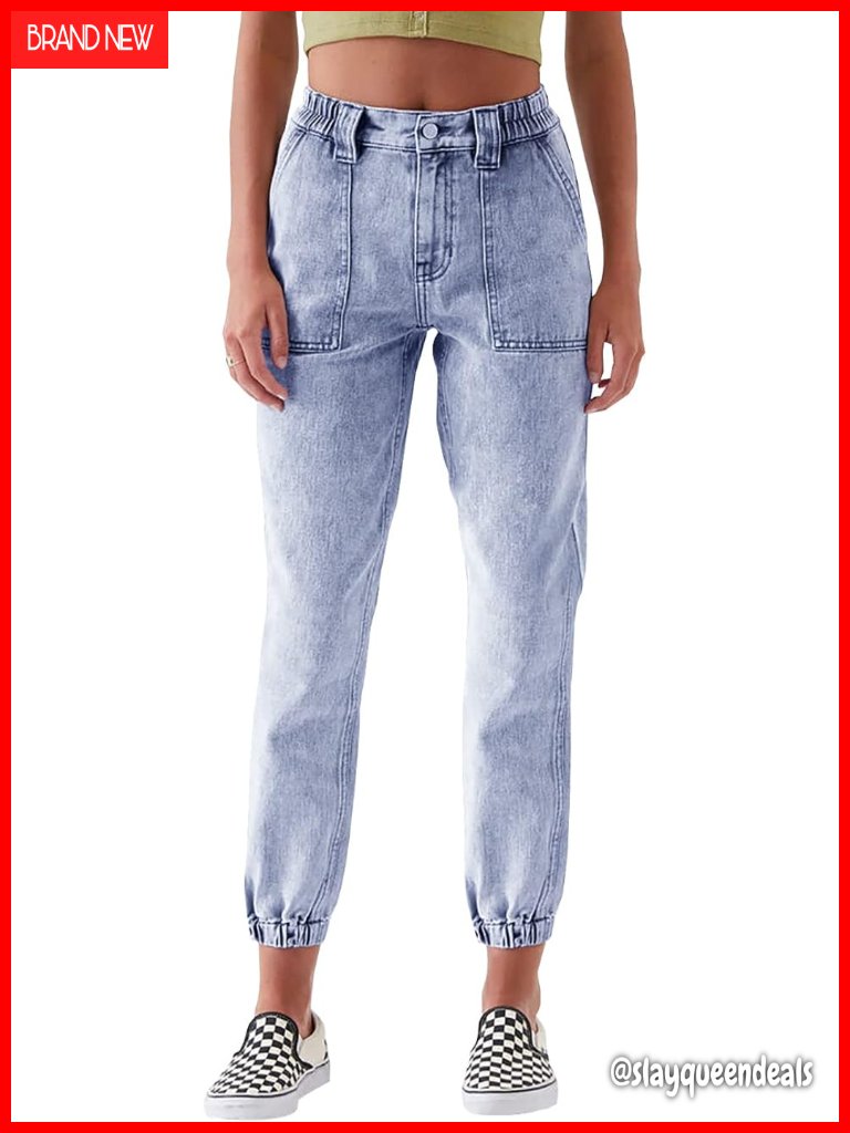 High Waisted Drawstring Elastic Waist Stretch Denim Jogger Pants